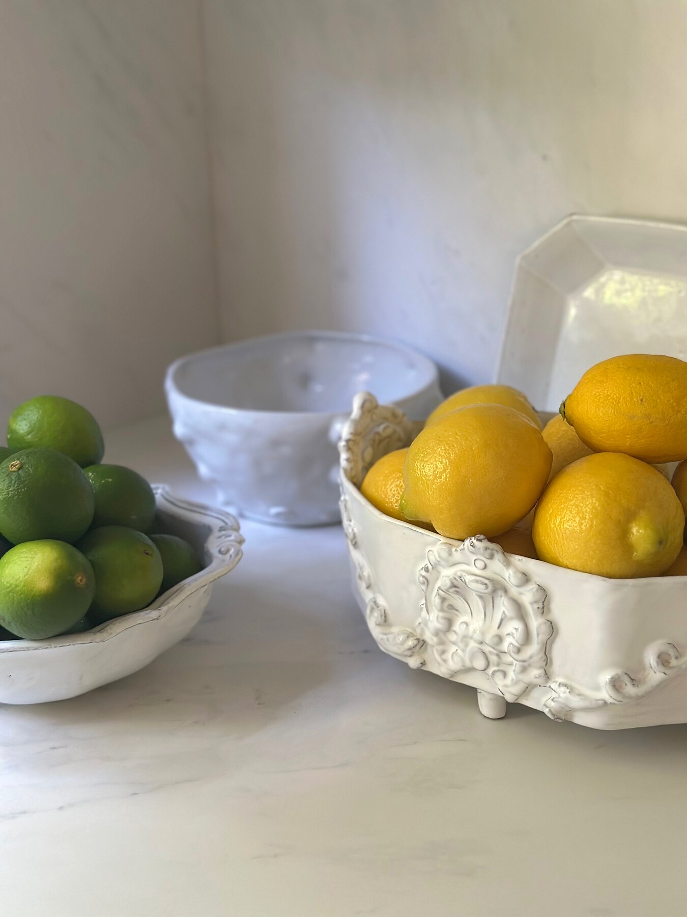 Lemons and limes arranged in sculptural white bowls